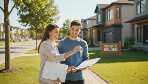 Young couple receiving house keys outside a suburban house in Milton, Ontario with realtor and paperwork nearby