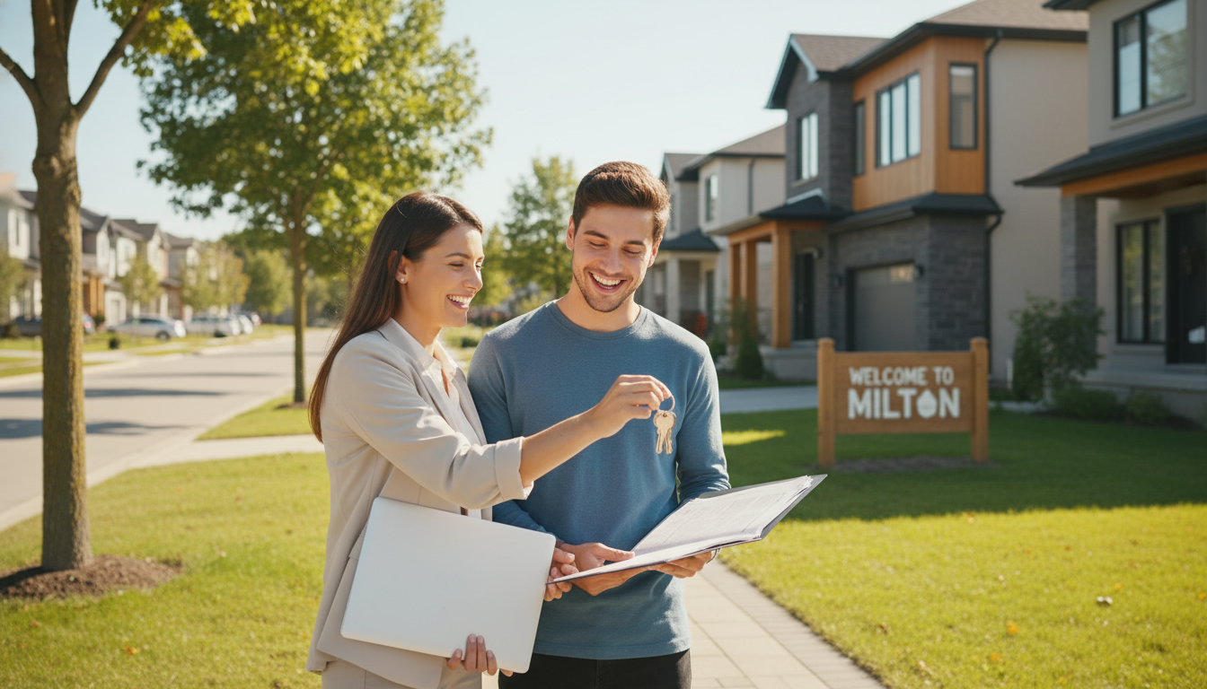 Young couple receiving house keys outside a suburban house in Milton, Ontario with realtor and paperwork nearby