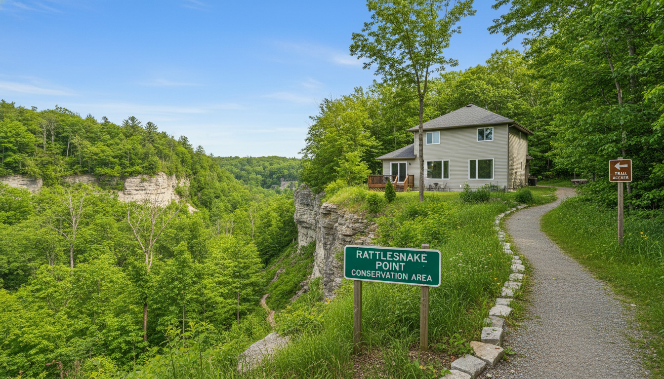 House backing onto a conservation area slope in Milton, Ontario with conservation sign and walking trail