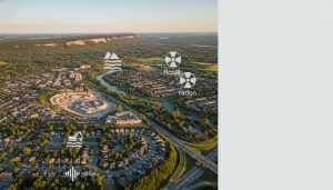 Aerial view of Milton ON near the Niagara Escarpment with icons indicating flood, radon, quarry and noise hazards.