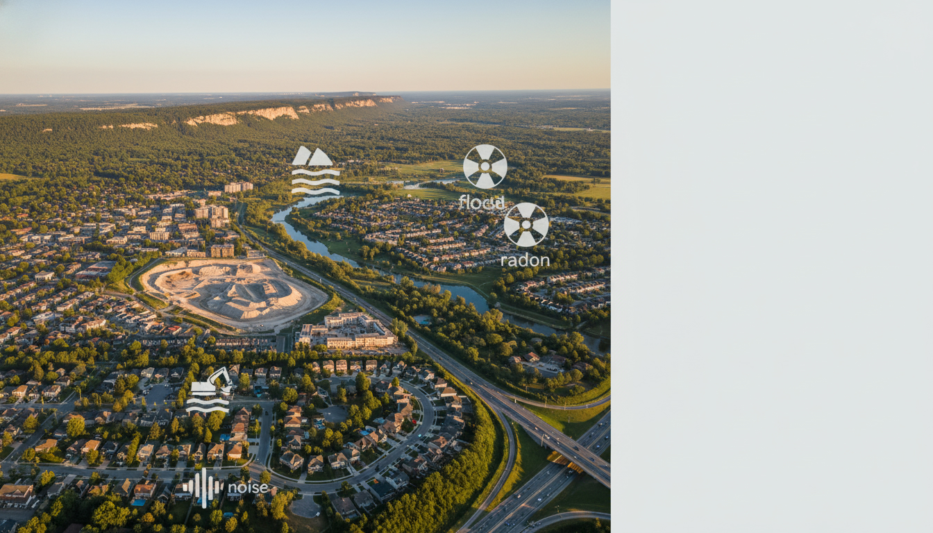 Aerial view of Milton ON near the Niagara Escarpment with icons indicating flood, radon, quarry and noise hazards.