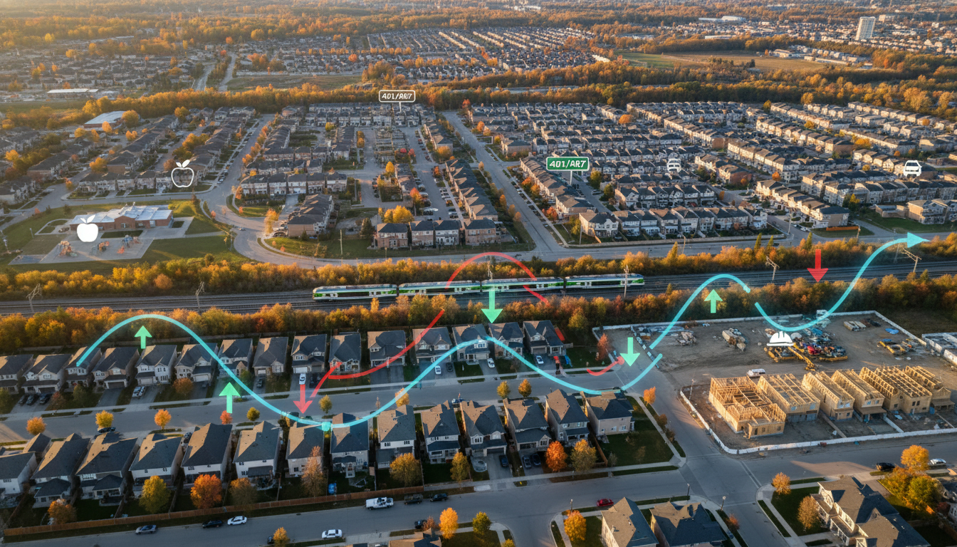 Aerial view of Milton Ontario neighbourhood with GO train and economic graph overlay showing property price cycles.