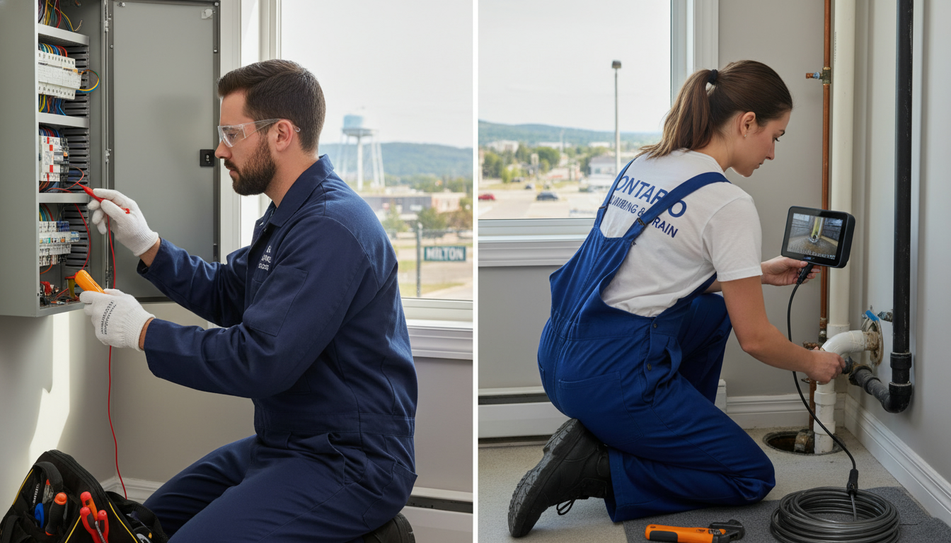 Licensed electrician inspecting electrical panel and plumber performing sewer camera inspection at a suburban Milton, Ontario home.