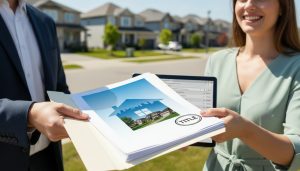 Property title documents and a Milton, Ontario house with a real estate agent reviewing paperwork