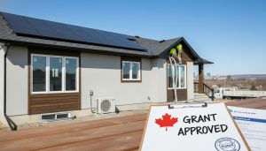 Milton Ontario home with solar panels, heat pump, and EnerGuide report showing energy-efficient upgrades and grant approval.