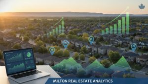 Milton Ontario neighborhood with data overlays showing real estate charts and map pins