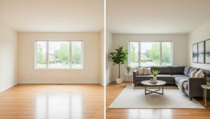 Split view of vacant living room vs staged living room with rented modern furniture in a Milton home