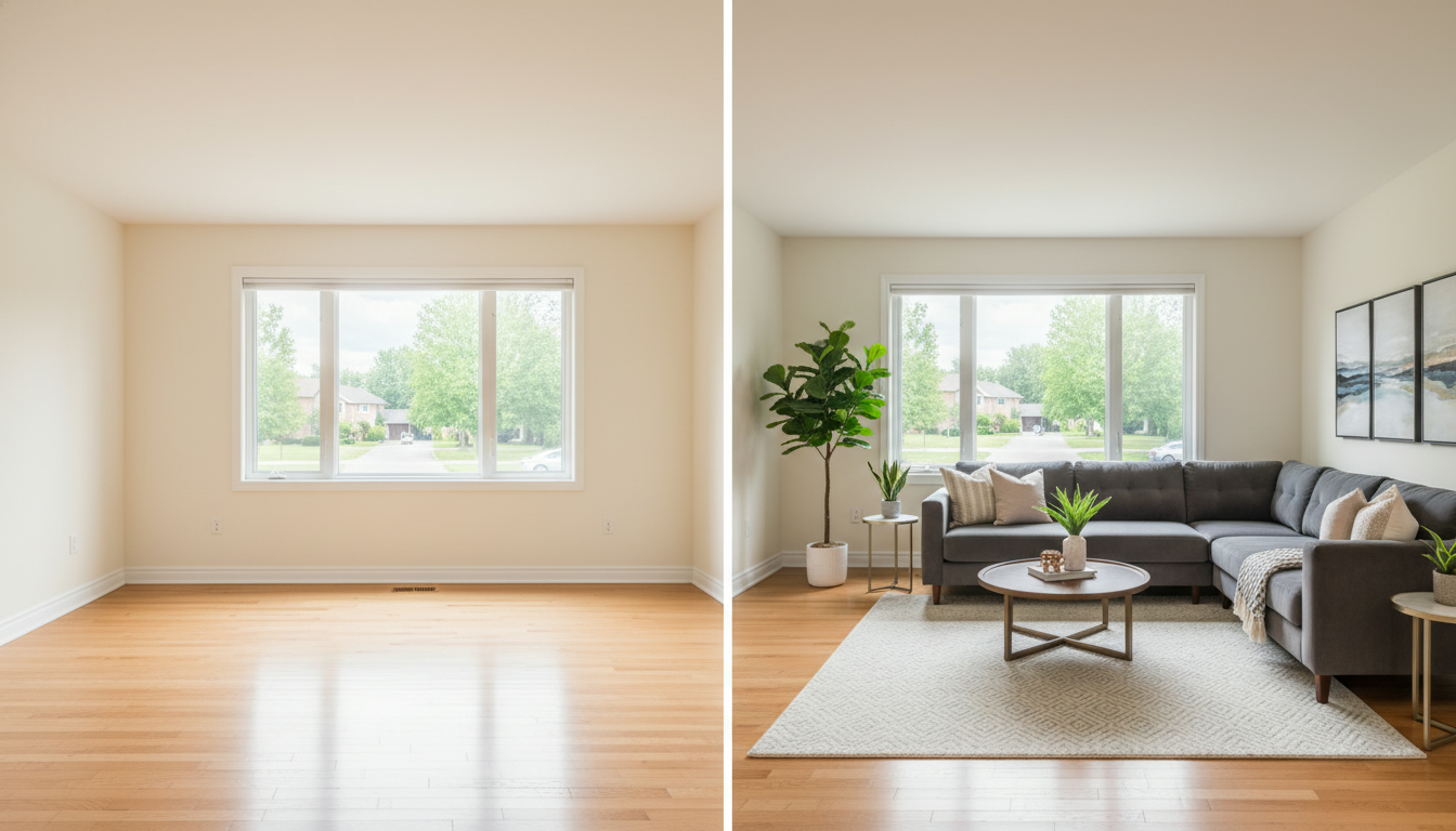 Split view of vacant living room vs staged living room with rented modern furniture in a Milton home