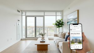 Staged Milton condo living room with balcony view and smartphone showing condo listing
