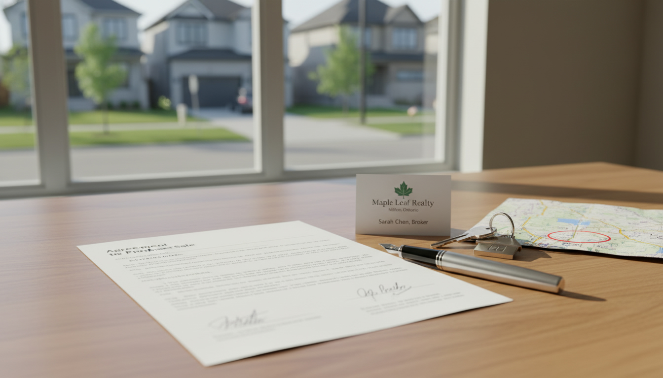 Agreement of Purchase and Sale document on table with Milton house in background