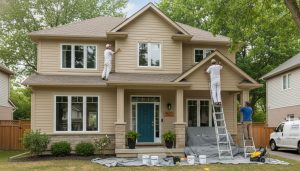 Painter applying fresh neutral exterior paint to a Milton, Ontario suburban home with ladder and drop cloths