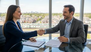 Realtor and homeowner negotiating mortgage documents with lender, Milton Ontario skyline visible