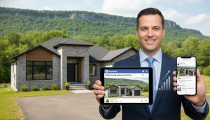 Realtor in Milton holding a tablet displaying a Facebook ad for a local home with Milton neighbourhood in background