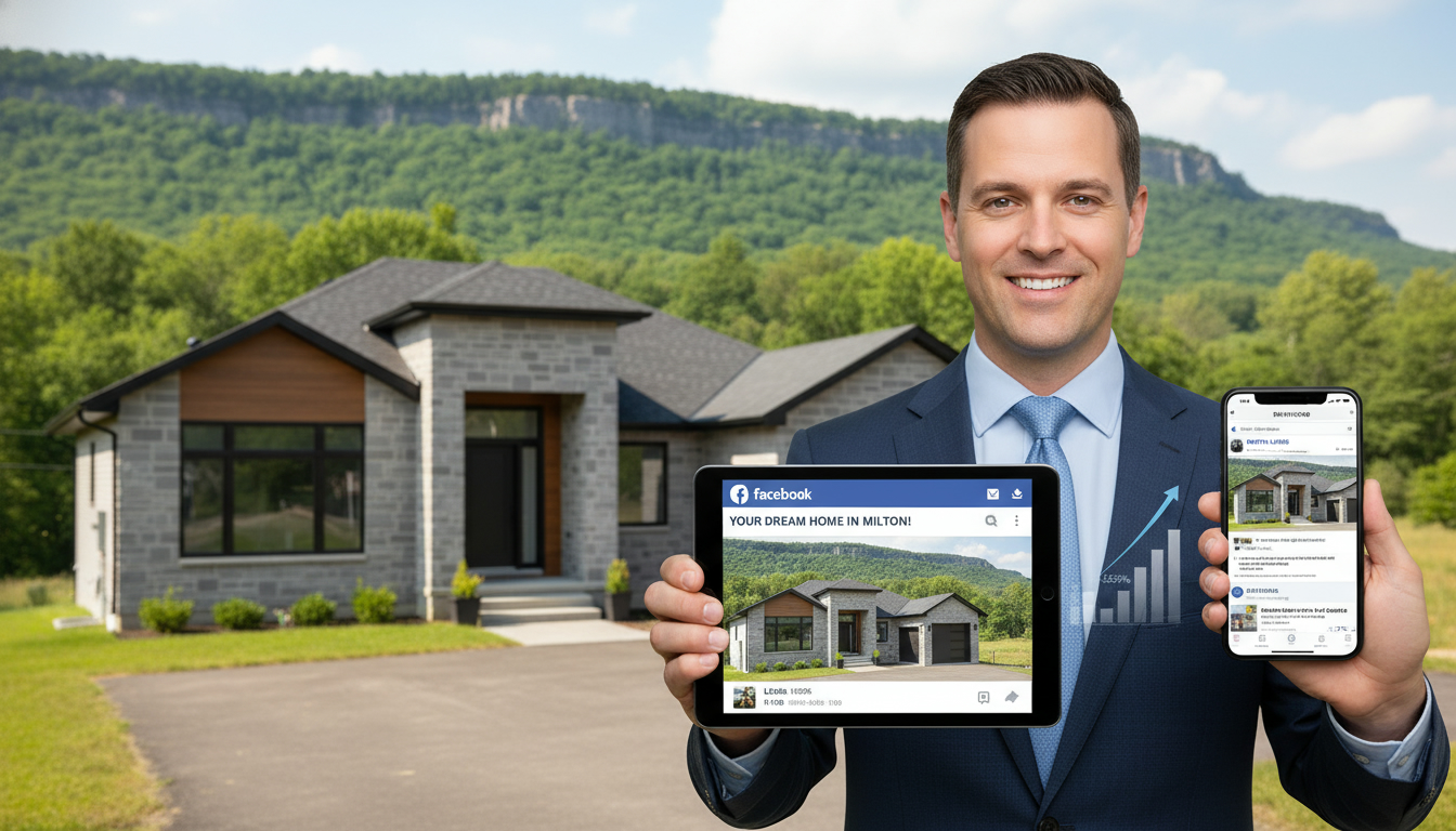 Realtor in Milton holding a tablet displaying a Facebook ad for a local home with Milton neighbourhood in background