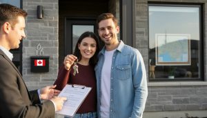 New homeowners receiving keys outside a Milton, Ontario home with legal documents and Ontario flag visible
