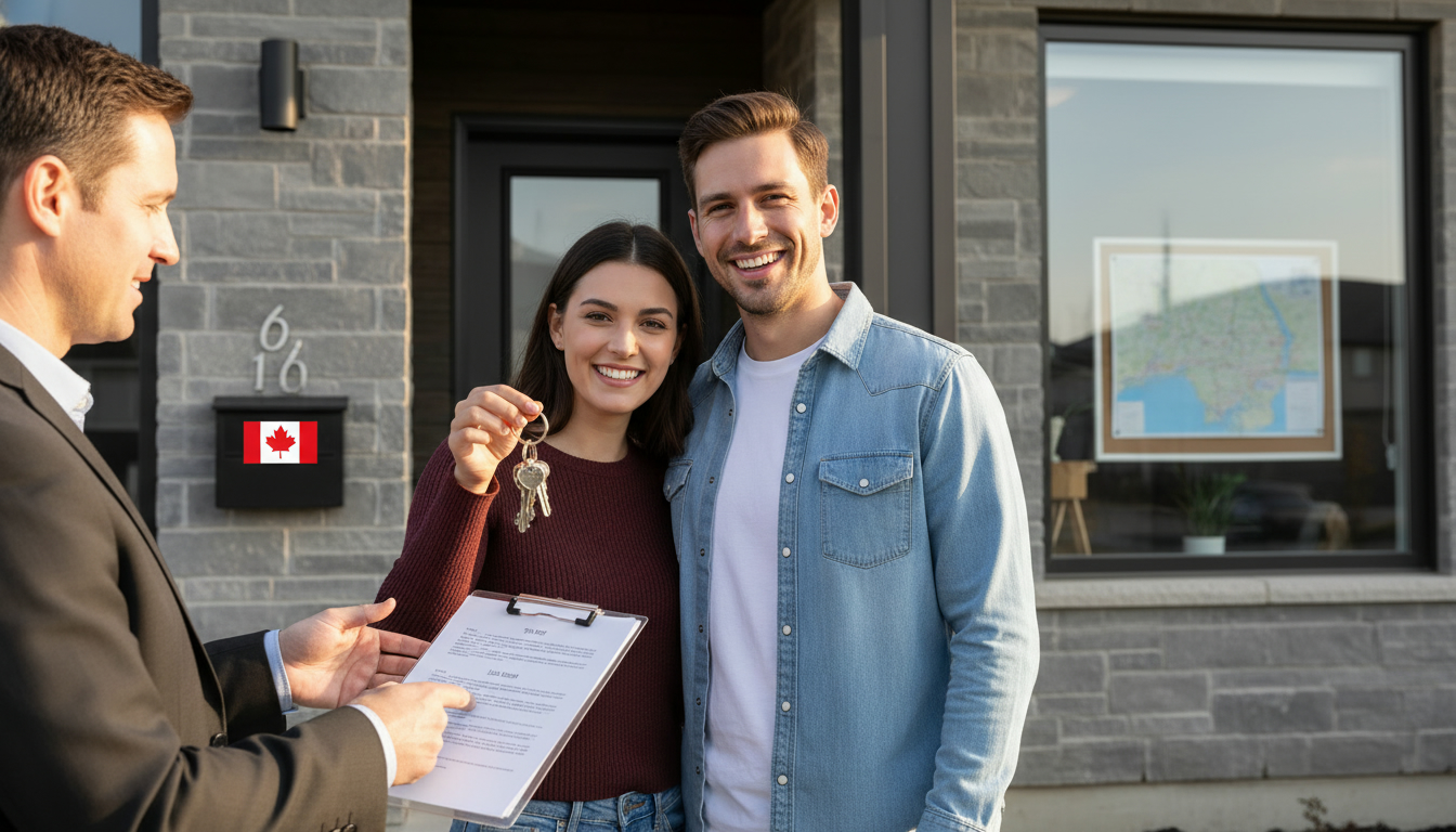 New homeowners receiving keys outside a Milton, Ontario home with legal documents and Ontario flag visible