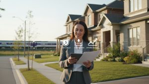 Investor reviewing rental documents outside a Milton, Ontario home with tax and growth icons and GO Train visible