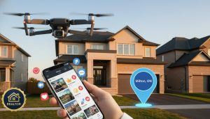 Milton Ontario home with drone view, smartphone showing viral social reel and Milton location pin