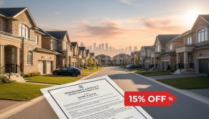 Milton Ontario neighborhood with houses, parked car, insurance documents and a 15% off discount tag.