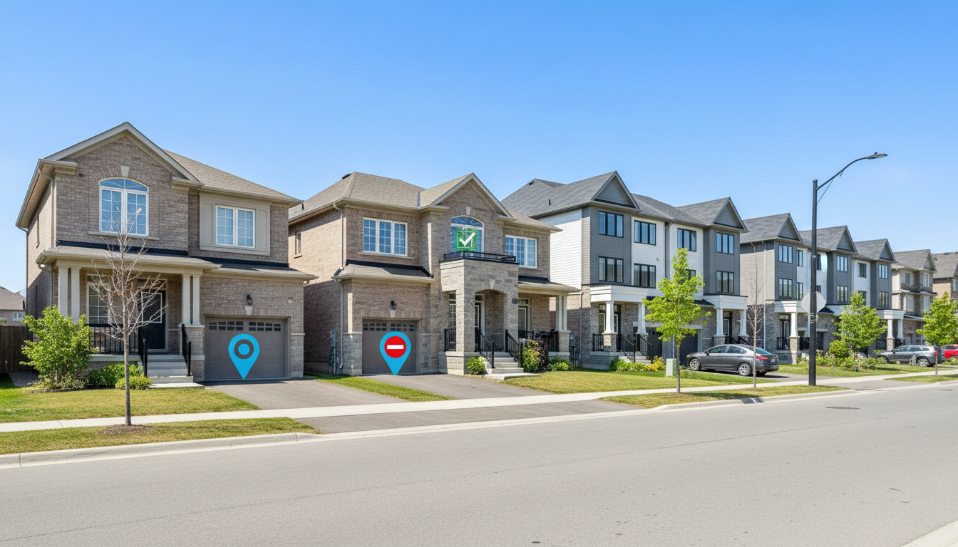 Milton Ontario residential street showing homes with icons for zoning, checklist, and restriction sign