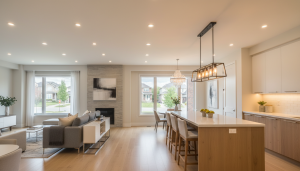 Modern Milton home interior with upgraded LED lighting, pendant over kitchen island, under-cabinet lights, and a bright entryway.