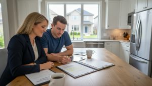 Realtor and buyers reviewing purchase agreement with inspection and financing clauses in Milton, Ontario.