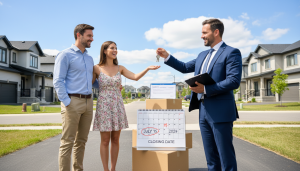 Real estate agent handing keys to buyers in front of a Milton Ontario home with moving boxes and a calendar showing closing date.