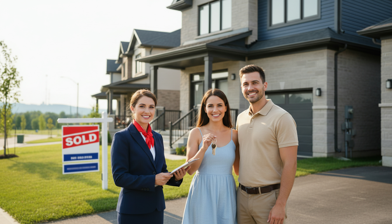 Realtor handing keys to smiling couple in front of a sold sign outside a Milton, Ontario home