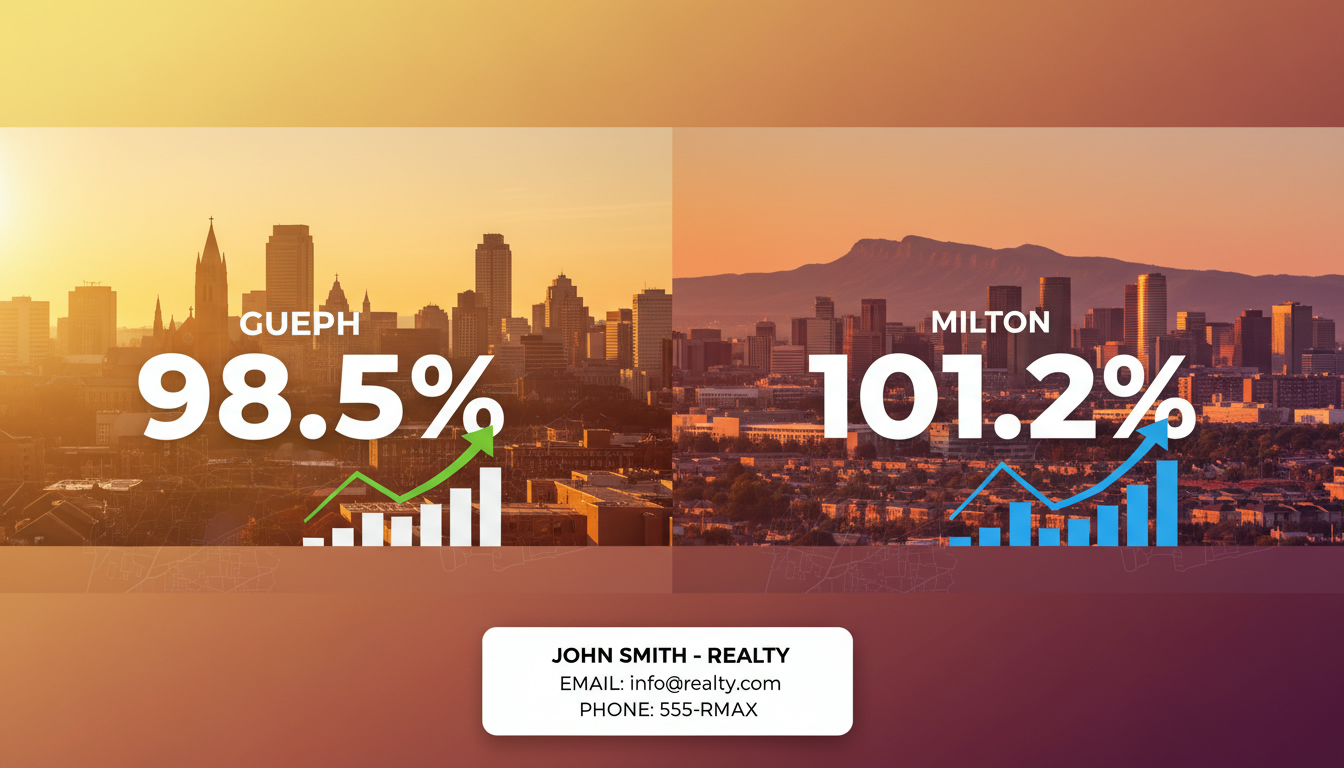 Split image showing Guelph and Milton skylines with sale-to-list ratios 98.5% and 101.2% and small contact card.