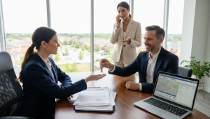 Lawyer arranging mortgage discharge with documents, laptop showing land registry, and Milton Ontario home visible outside