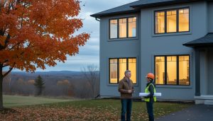 Milton suburban home with new energy-efficient windows and homeowner speaking with contractor