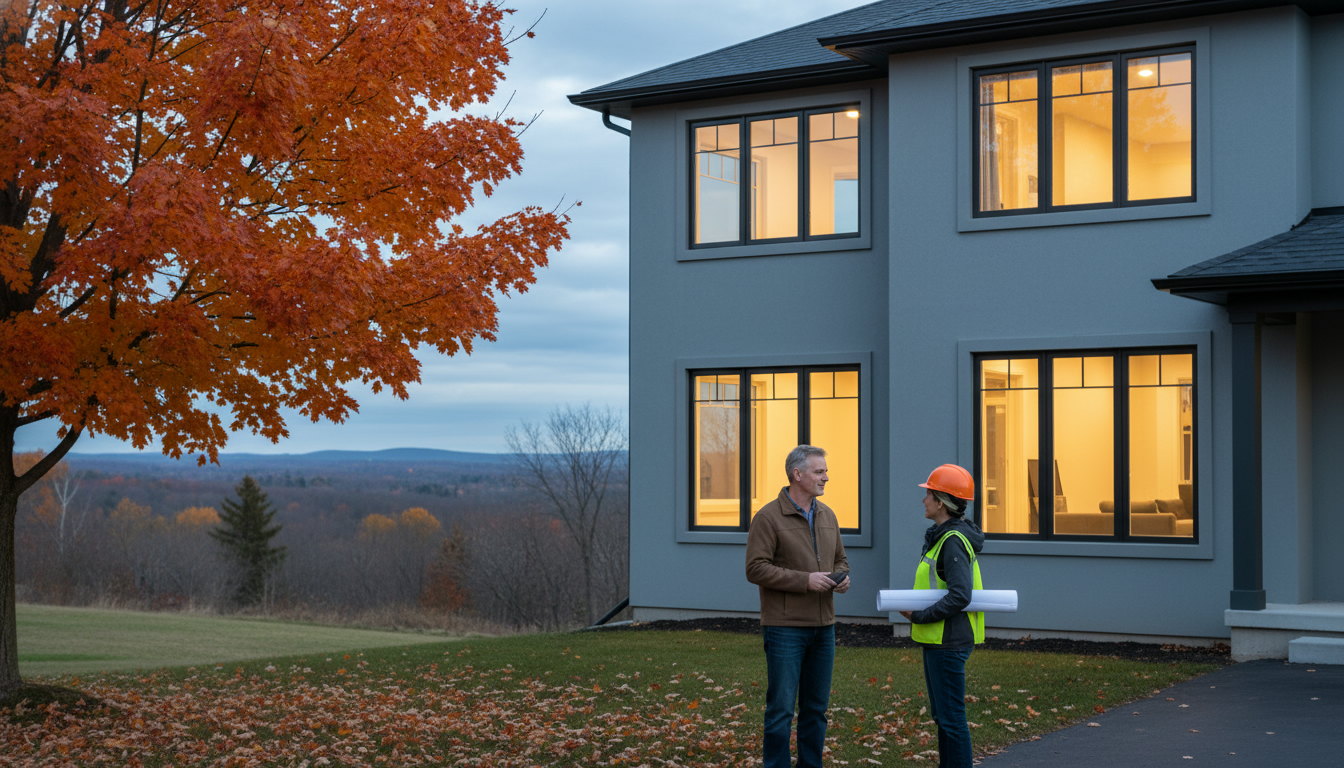 Milton suburban home with new energy-efficient windows and homeowner speaking with contractor