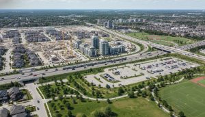 Aerial view of Milton, Ontario with new construction, GO station, highway interchange, and parks