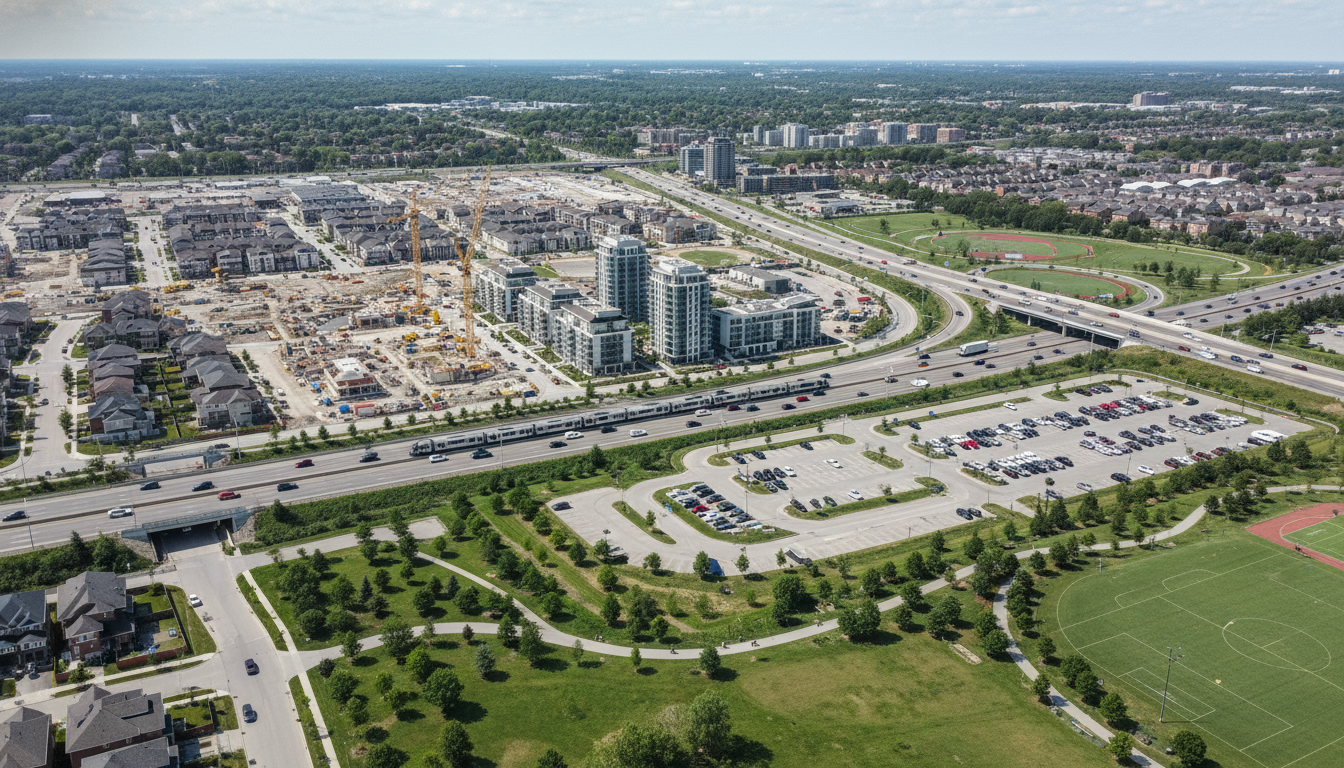 Aerial view of Milton, Ontario with new construction, GO station, highway interchange, and parks