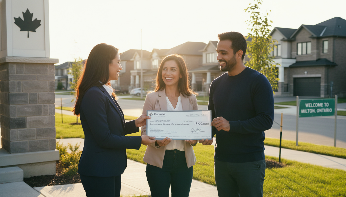 Realtor handing a bank draft to buyers outside a home in Milton, Ontario