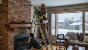 Home inspector examining a chimney and fireplace in a Milton, Ontario home with video monitor showing flue scan.