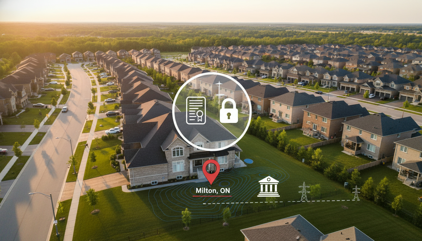House in Milton Ontario with icons showing a title document, padlock and map pin highlighting property encumbrance review