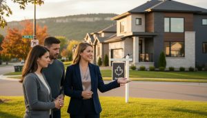 Real estate agent advising anxious sellers in front of a Milton, Ontario home near the Niagara Escarpment.
