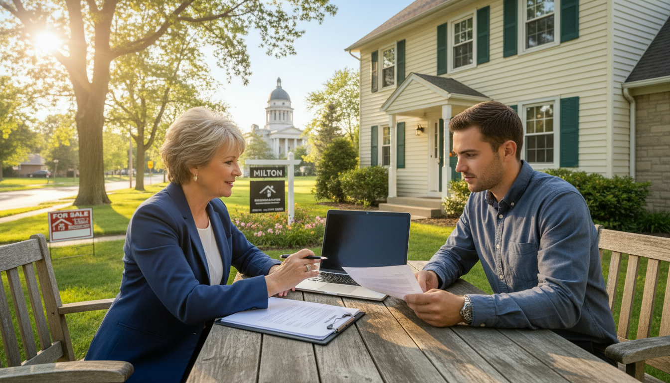 Realtor and adult child reviewing legal documents outside a suburban Milton, Ontario home.
