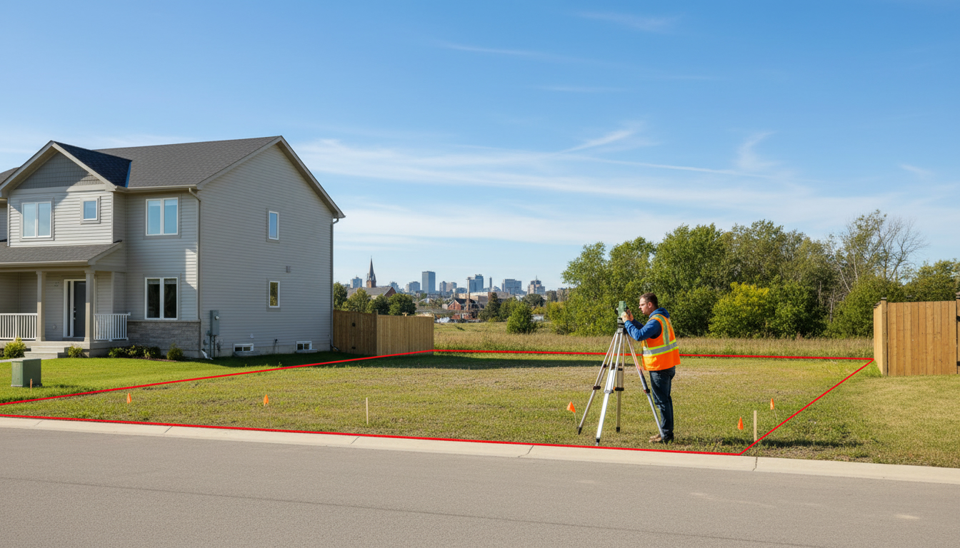 Ontario Land Surveyor measuring property lines on a suburban lot in Milton, Ontario with digital boundary overlay.