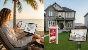 Realtor managing a Milton, Ontario home sale remotely from a beach while digital tools show virtual tour and 'For Sale' sign at the house