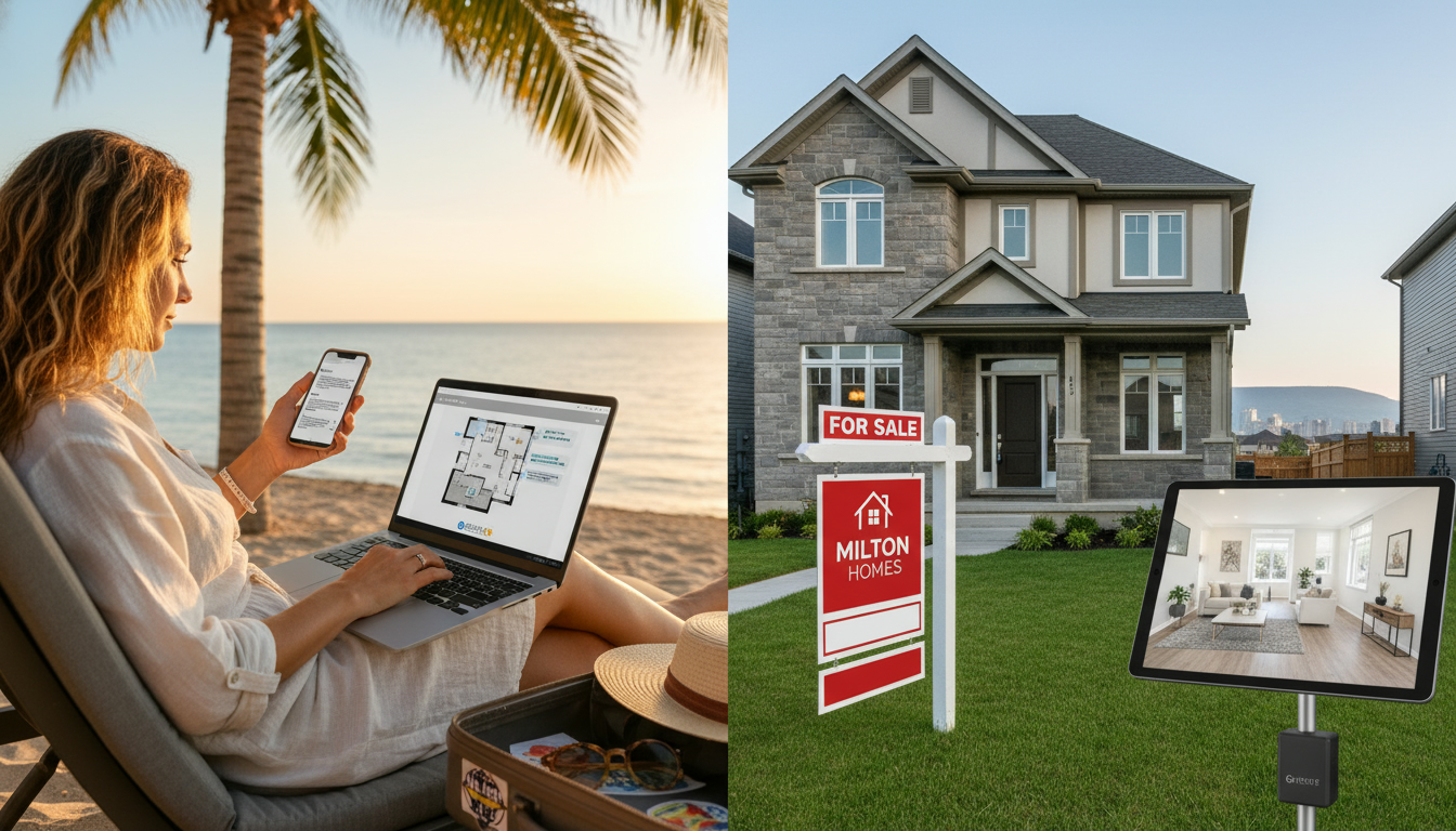 Realtor managing a Milton, Ontario home sale remotely from a beach while digital tools show virtual tour and 'For Sale' sign at the house
