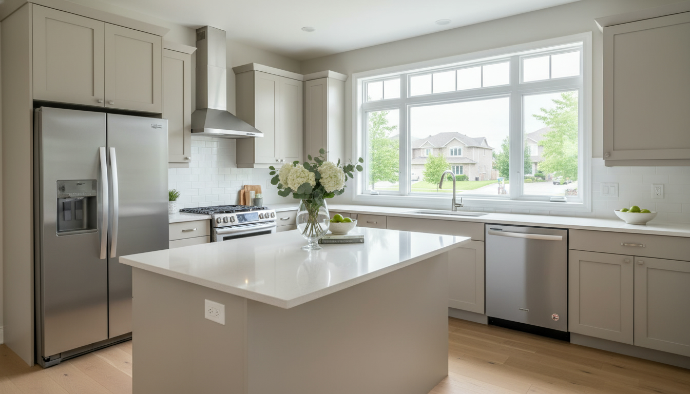 Staged modern kitchen with stainless steel appliances in a Milton home