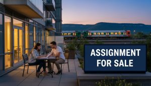 Milton condo building with realtor and couple reviewing assignment paperwork near Milton GO station