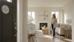 Homeowner leaving staged Milton home as agent closes door; 'By appointment only' sign visible