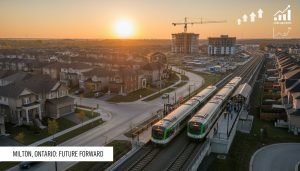 Milton, Ontario suburb near GO station with houses, train, construction crane and overlays showing job growth and rising housing demand.