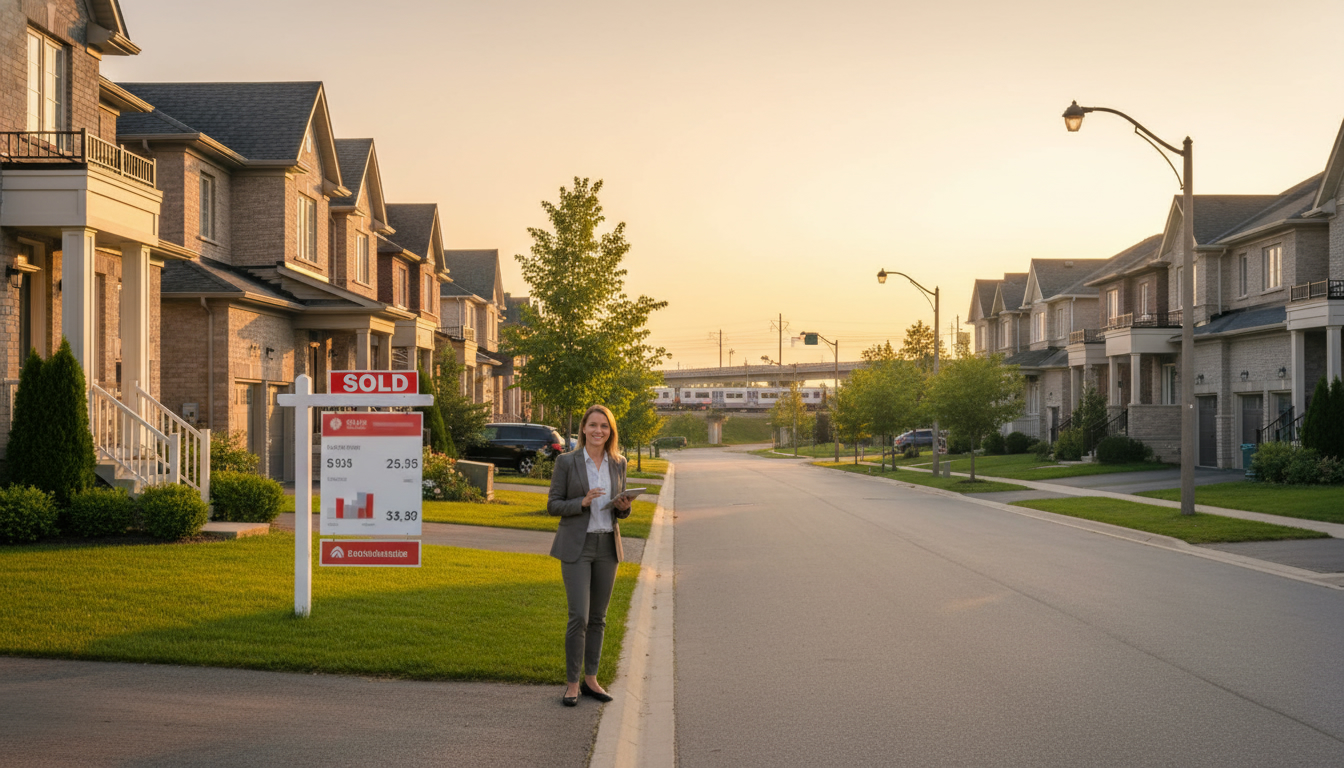 Milton Ontario home with sold sign and real estate agent showing negotiation strategy on a tablet