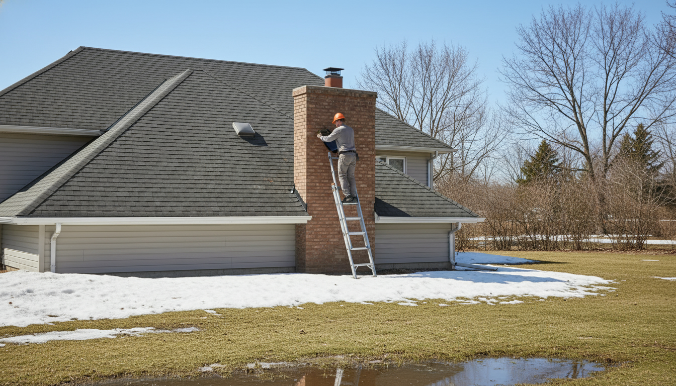 Home inspector examining roof flashing on a suburban Milton, Ontario house during spring thaw