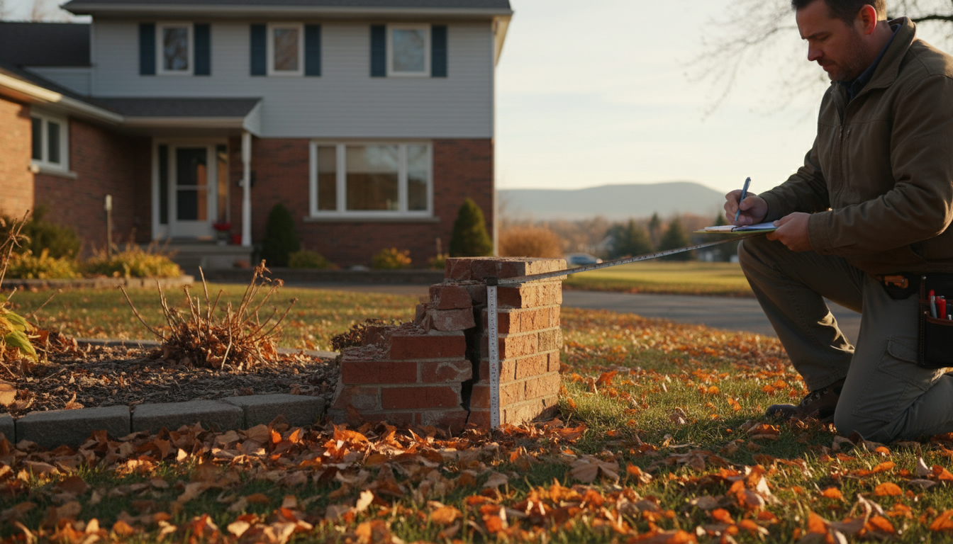 Inspector measuring a visible foundation crack in a suburban Milton, Ontario home exterior near the Niagara Escarpment.