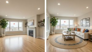 Split-screen: empty living room on left and virtually staged living room on right in a Milton home